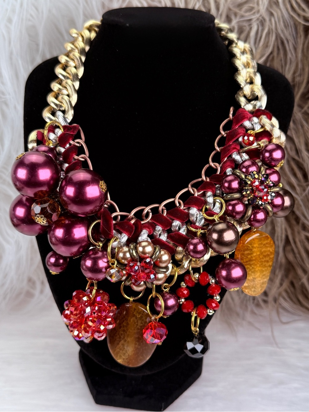 One of a Kind Maximalist Burgundy Goldtone Charm Bib Statement Necklace